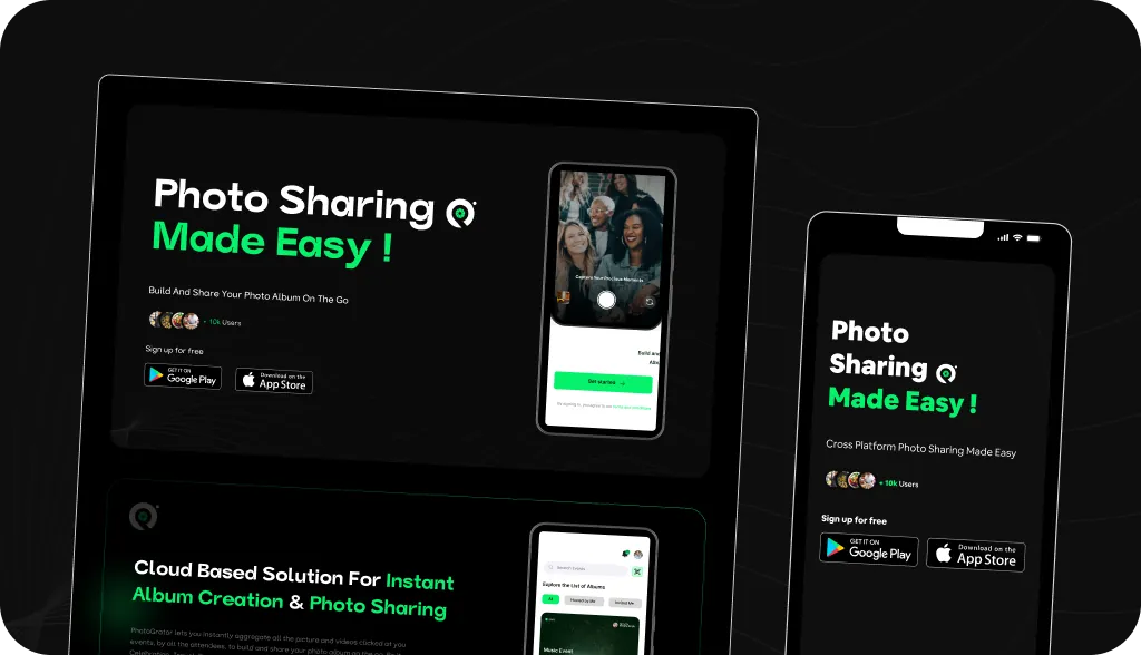 Photogrator – Landing Page: Photo sharing app landing page.