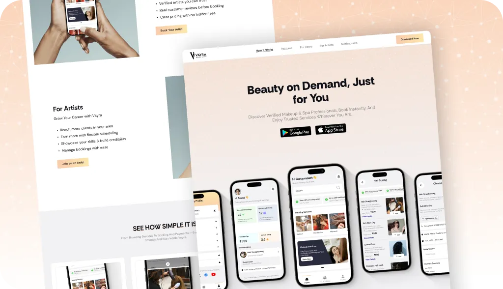 Vayra – Landing Page: Makeup artist booking app Landing website.