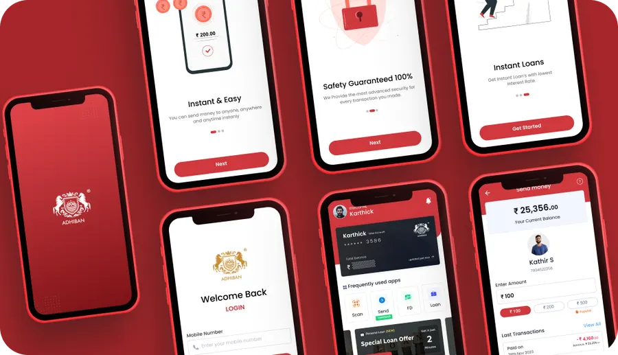 Adhiban internal banking app screens for employee payments, loans and fixed deposits