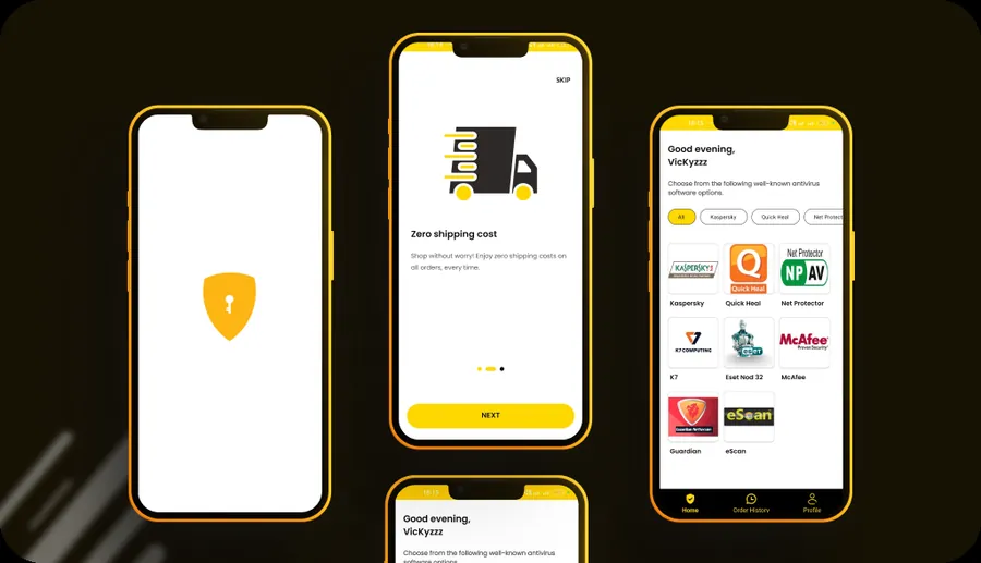 BuyAntivirusKey app screens showing antivirus brands to choose from and an onboarding screen
