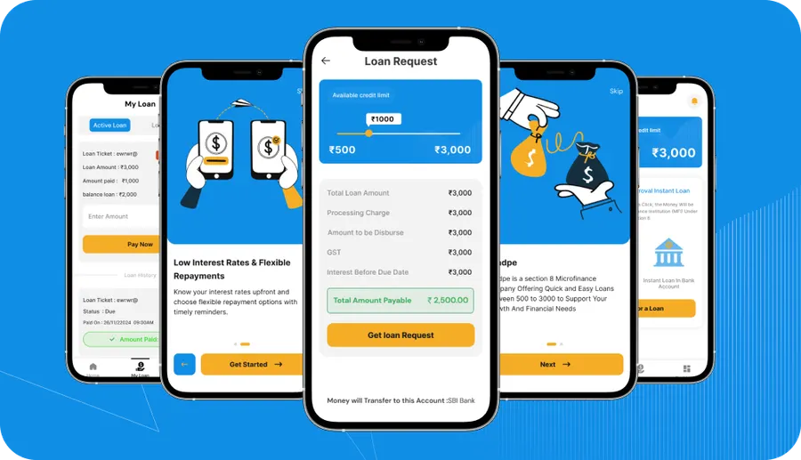 Lendpe microfinance lending app screens for loan applications and repayments