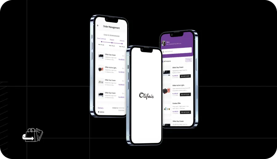 Olifair order management and product catalogue app screens
