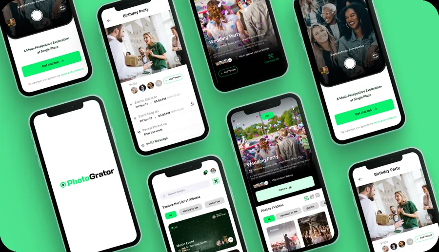 Photogrator app screens showing event albums, invites and live photo sharing
