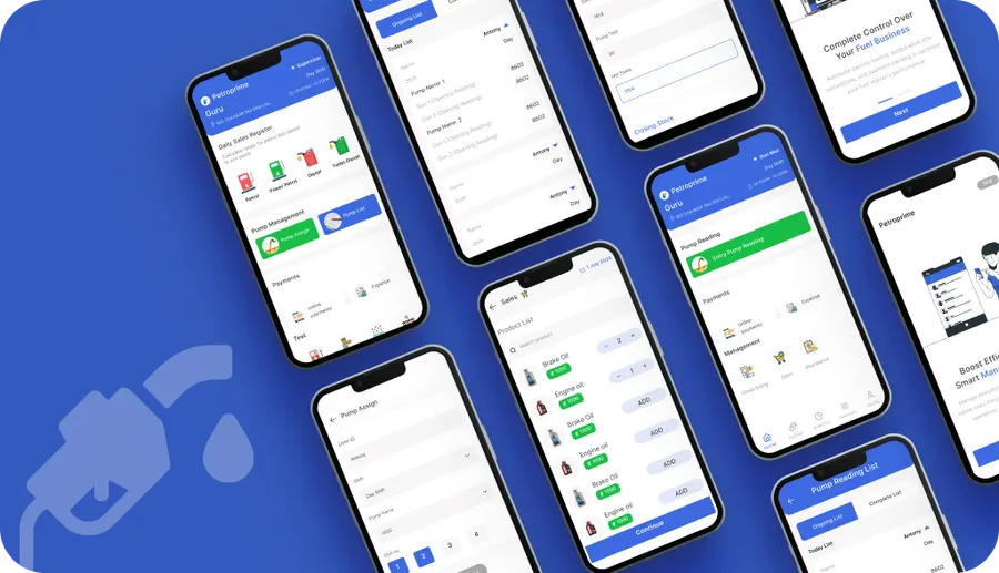 SR Agency fuel station management app screens showing pump readings, daily sales and stock