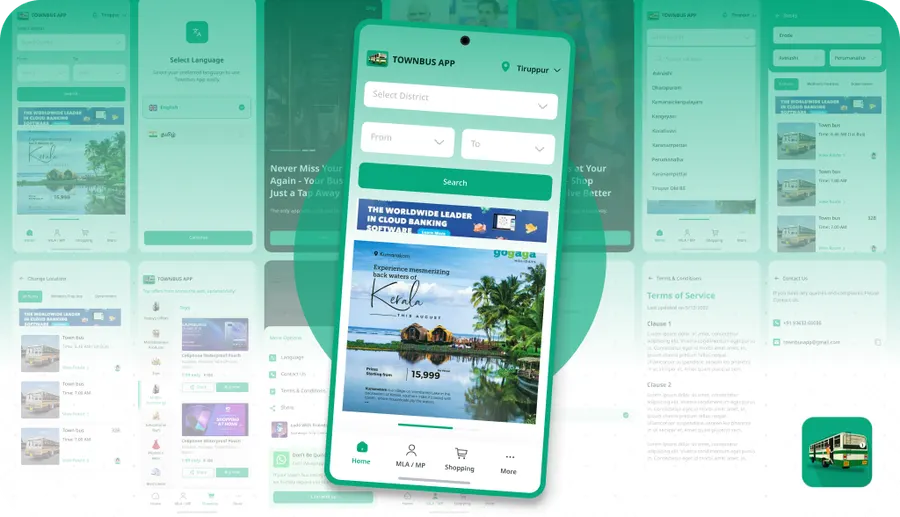 Townbus app screens showing Tamil Nadu bus timings and local updates