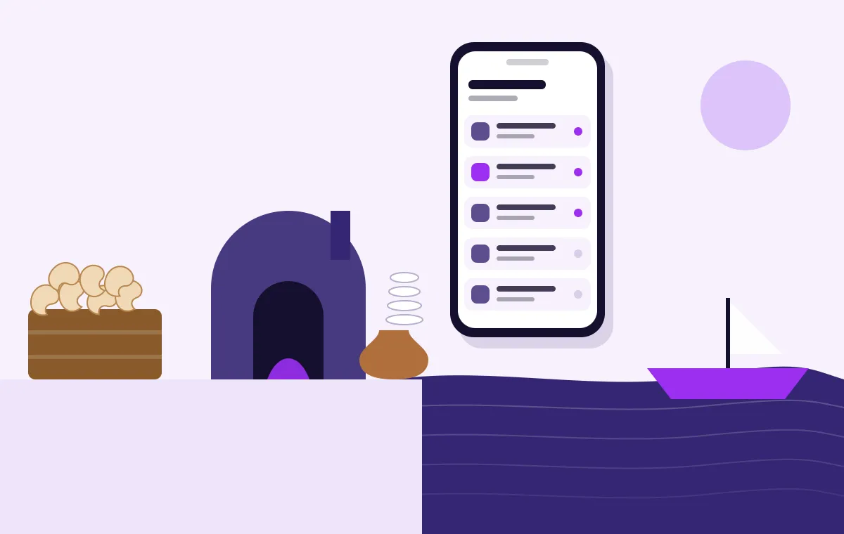 Illustration of a crate of cashew nuts, a ceramic kiln with pots, a fishing boat and a phone showing a lot list in Itboomi purple
