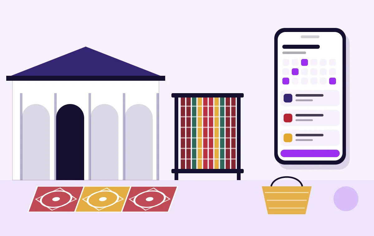 Illustration of a Chettinad mansion arch, a patterned Athangudi floor tile, a striped Kandangi saree on a loom and a phone showing a booking list in Itboomi purple