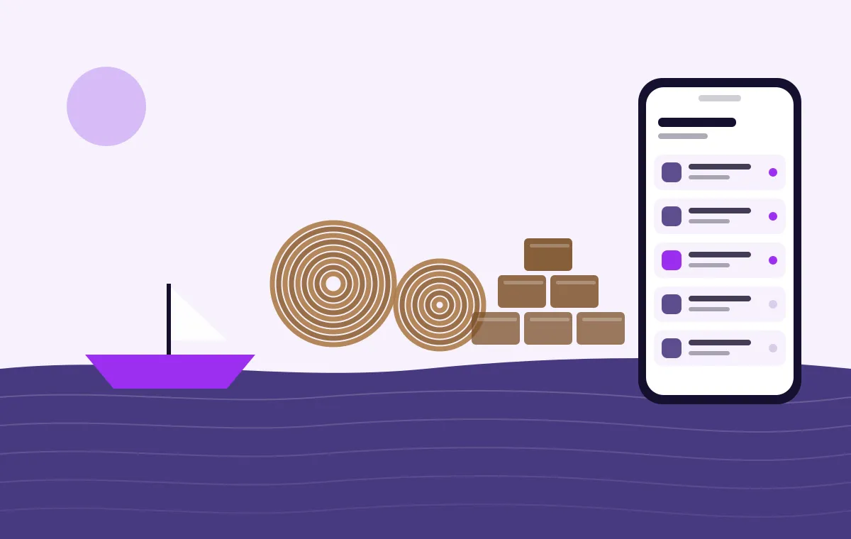 Illustration of coir rope coils, a fishing boat and a phone showing a dispatch list in Itboomi purple
