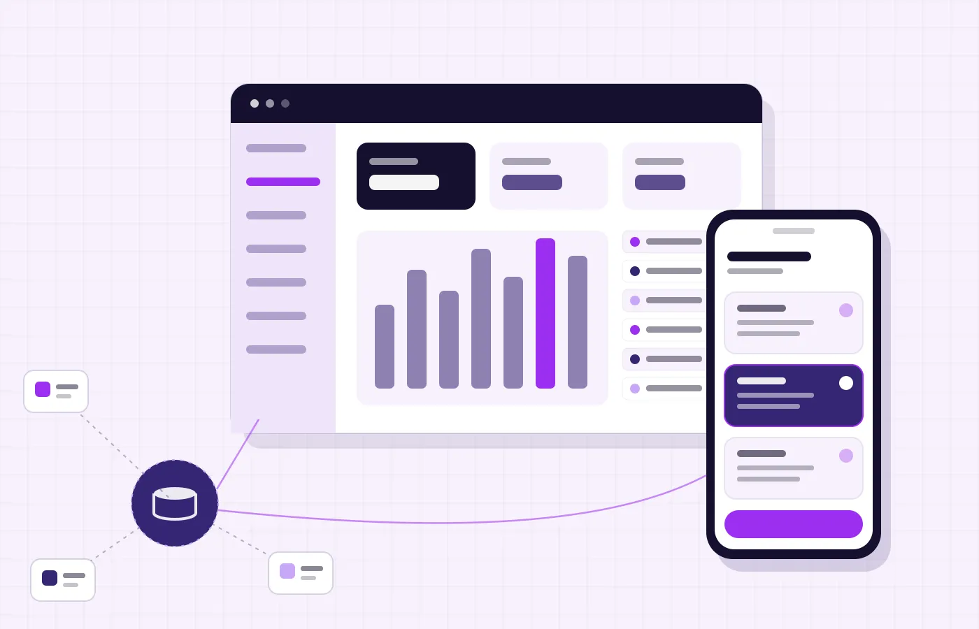 Illustration of an admin console and a phone showing subscription plans, both connected to one shared database for several customer accounts, in Itboomi purple