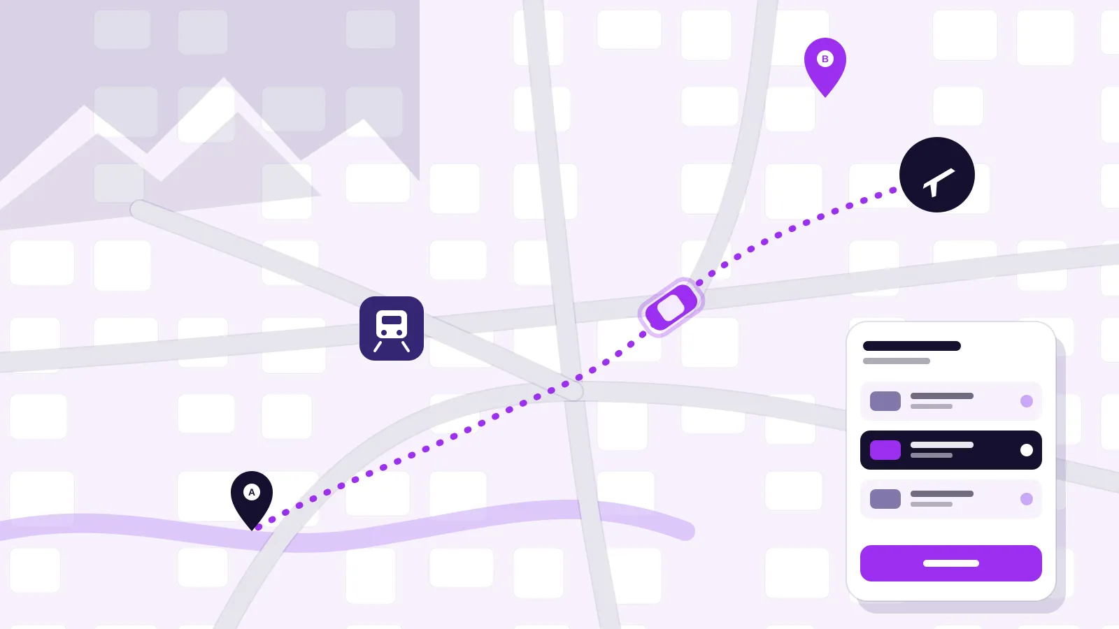 Illustration of a stylised Coimbatore route map with an airport, a railway station, a hill road and a taxi marker moving between pickup pins, in Itboomi purple