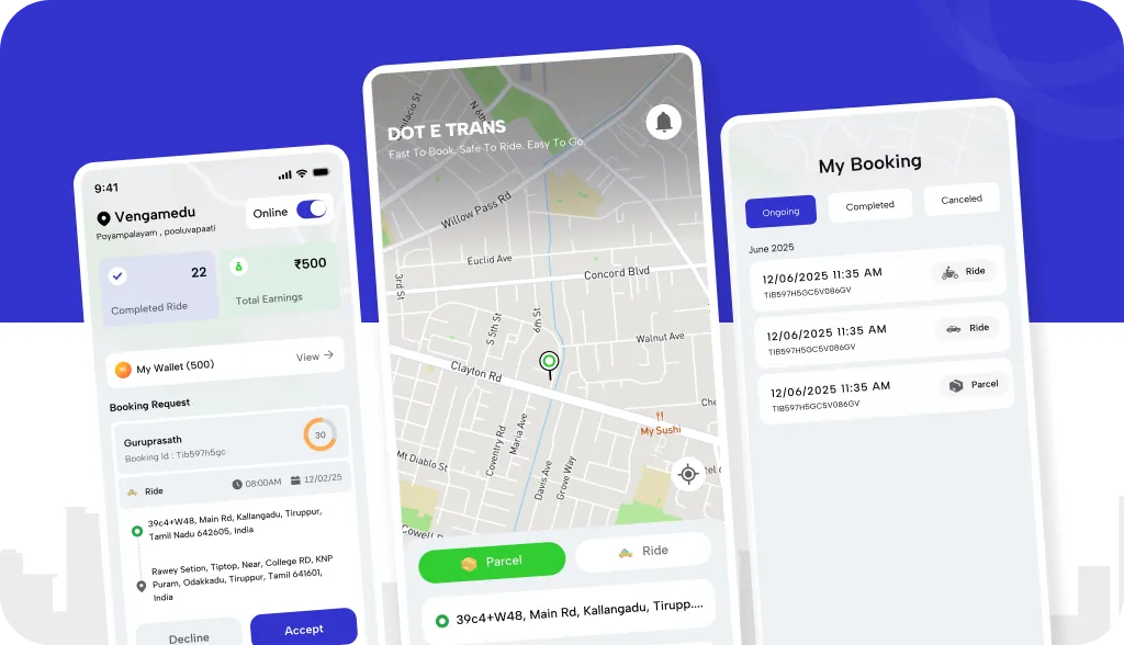Dot E Trans app screens for booking transport and delivery