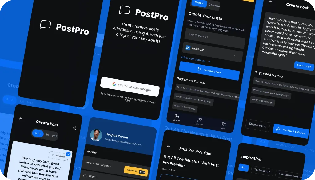 PostPro app screens