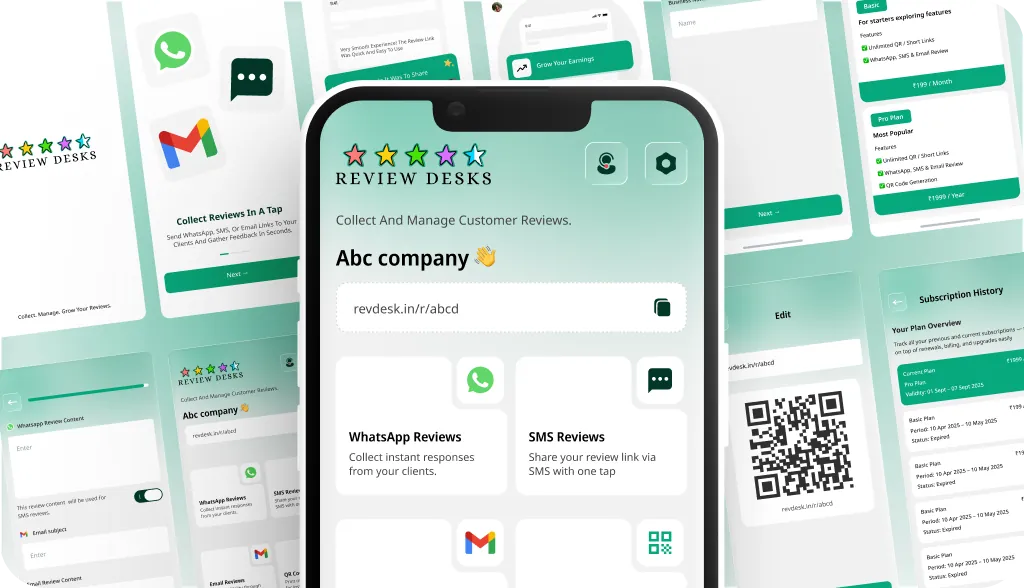 Review Desk app screens for collecting customer reviews by WhatsApp, SMS, email and QR code