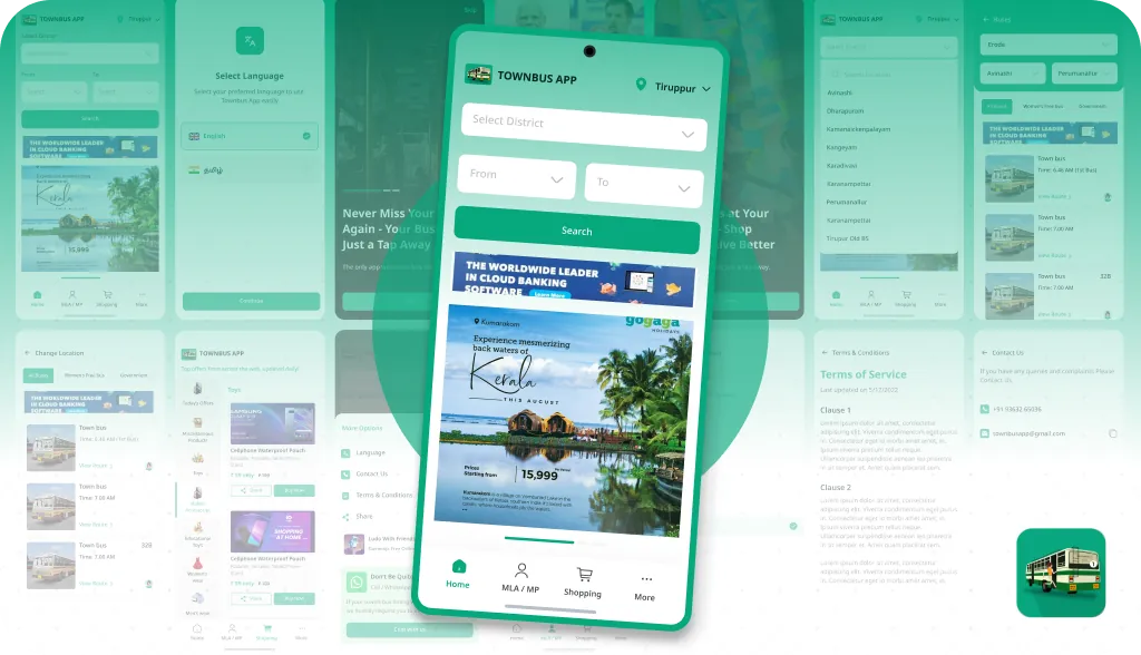 Townbus app screens showing Tamil Nadu bus timings and local updates